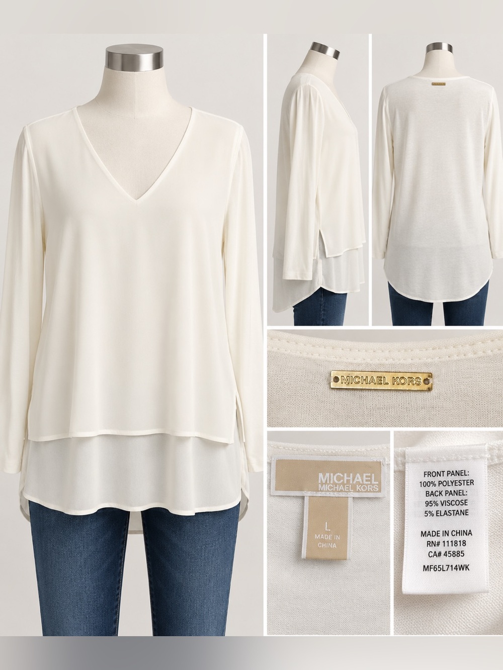 Michael Kors Women’s Large Ivory Layered V Neck High Low Tunic Blouse